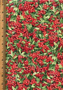 Bufford Holly: Red Berries & Green Leaves on Cotton Fabric- 45" wide x 1 yard piece