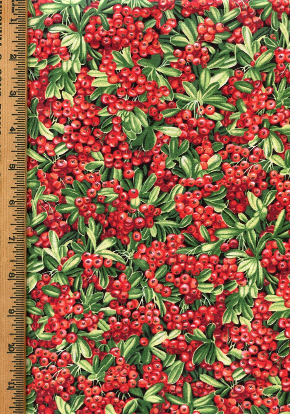 Bufford Holly: Red Berries & Green Leaves on Cotton Fabric- 45