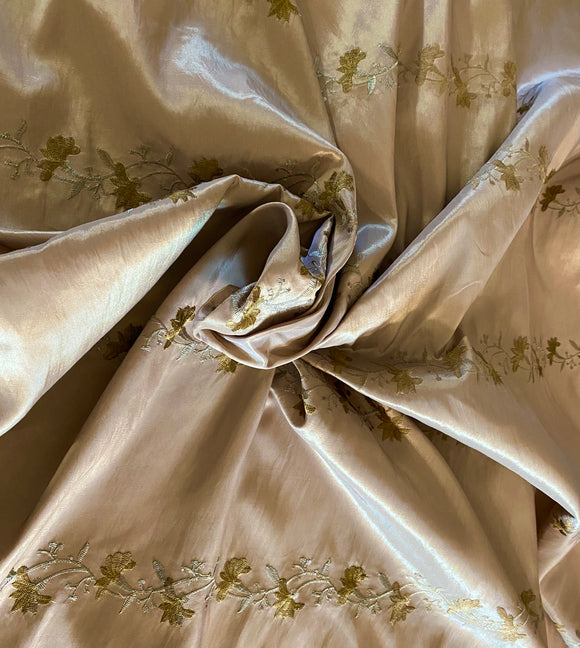 Antique Gold/ Dark Champagne Satin with Gold & Silver Floral Embroidery- 60