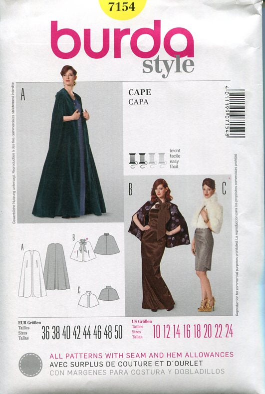 Burda Style 7154: Cape pattern Sizes 10-24