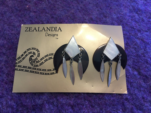 Marine Opal & Black Mussel Shell Crescent Moon Earrings with Sterling Silver Accents by Zealandia Designs circa 1990s