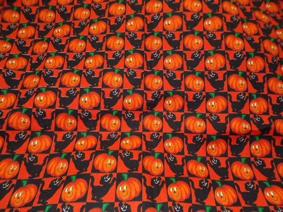Halloween Fabric, Cotton, One inch squares Cats and Jack O' Lanterns, 44