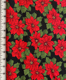 Brilliant Red Poinsettias on Black Background Cotton Fabric: 42" wide, Sold by the Yard