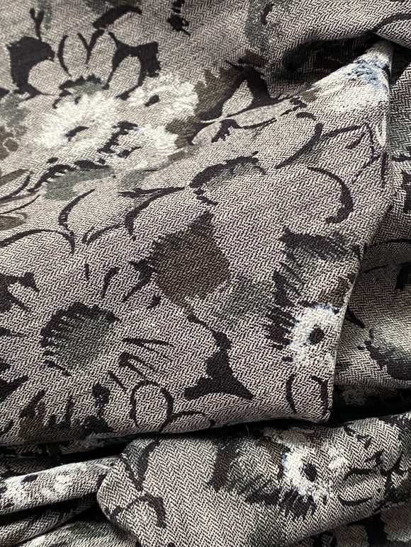 Grey, Black and White Floral Woven Fabric: Sold as a Piece