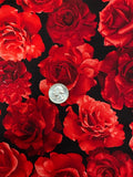 Red Roses on Black Background: Cotton Fabric, Sold by 1/2 Yard