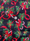 Candy Canes Ribbons and Bows on Black Cotton Fabric 40" wide Sold by 1/2 yard