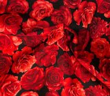 Red Roses on Black Background: Cotton Fabric, Sold by 1/2 Yard