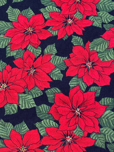 Brilliant Red Poinsettias on Black Background Cotton Fabric: 42" wide, Sold by the Yard