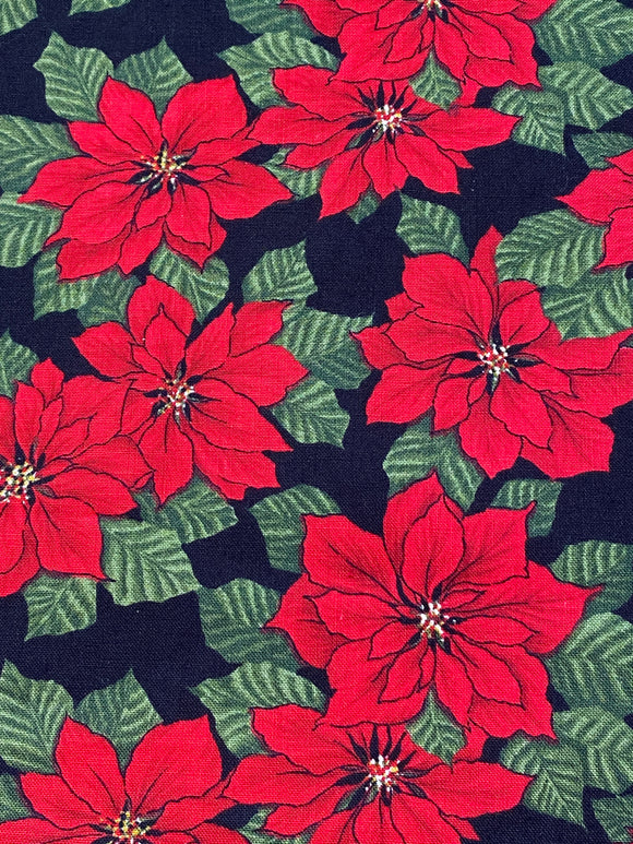 Brilliant Red Poinsettias on Black Background Cotton Fabric: 42