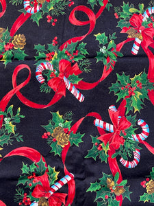 Candy Canes Ribbons and Bows on Black Cotton Fabric 40" wide Sold by 1/2 yard