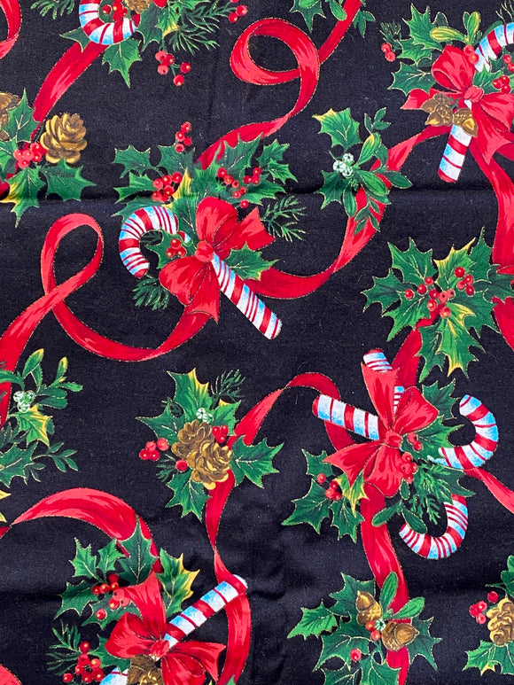 Candy Canes Ribbons and Bows on Black Cotton Fabric 40
