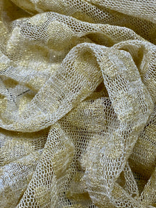 Gold Metallic Crocheted or Embroidered Medallions on a Cream Lace Stockinette Knit Fabric: Sold by the Yard, 56" wide