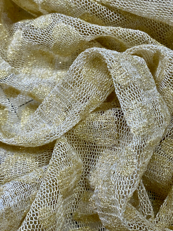 Gold Metallic Crocheted or Embroidered Medallions on a Cream Lace Stockinette Knit Fabric: Sold by the Yard, 56