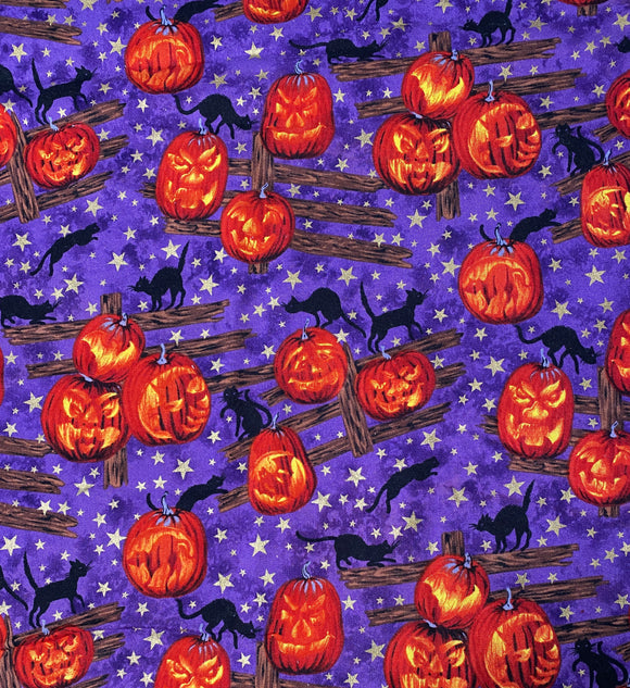 Jack O' Lanterns, Black Cats, Fences & Stars on Purple  Cotton Fabric: 42