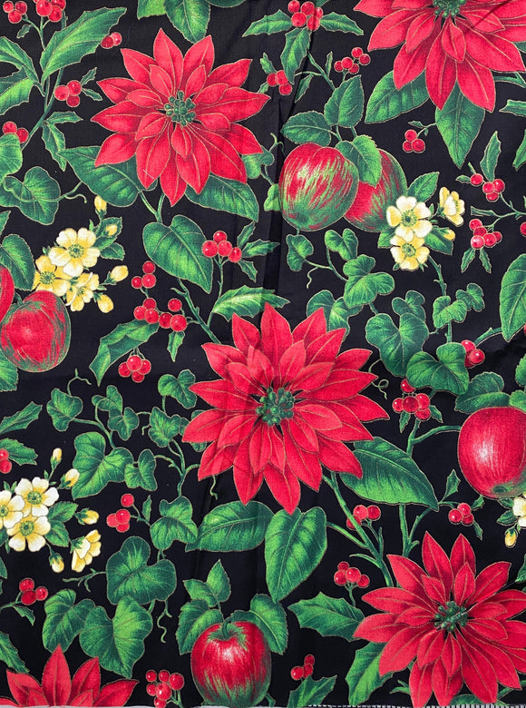 Apples, Poinsettias & Holly Berries on Black Cotton Fabric: 2008 VIP Cranston Printworks, 56