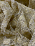 Gold Metallic Crocheted or Embroidered Medallions on a Cream Lace Stockinette Knit Fabric: Sold by the Yard, 56" wide