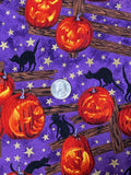 Jack O' Lanterns, Black Cats, Fences & Stars on Purple  Cotton Fabric: 42" wide, sold by 1/2 yard