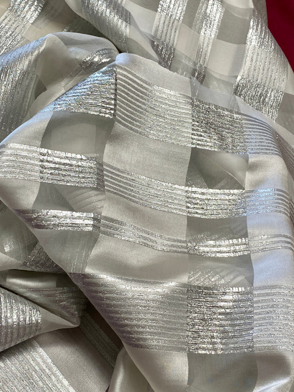 Vintage Sheer Off-White Silk Chiffon with Silver Metallic Stripes Fabric Made in France a 2 yard 8