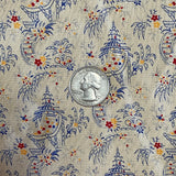 Fabric with decorative pattern and a coin for scale on a beige background