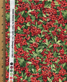 Bufford Holly: Red Berries & Green Leaves on Cotton Fabric- 45" wide x 1 yard piece