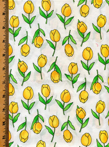 Yellow Tulips on White Cotton Fabric: 1 yard x 43" wide