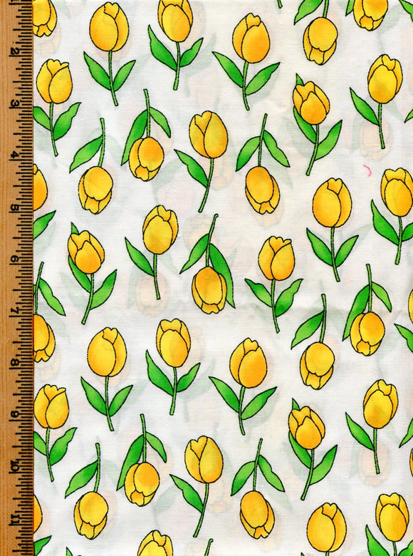 Yellow Tulips on White Cotton Fabric: 1 yard x 43