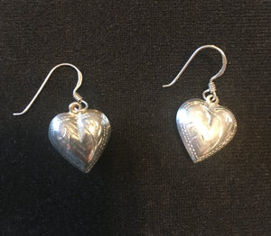 Vintage Sterling Silver Earrings: Puffed, Engraved Hearts