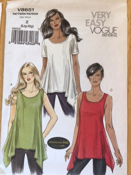Summer Tops with Handkerchief Hem Sewing Pattern: Vogue 8651 Size Large & XL