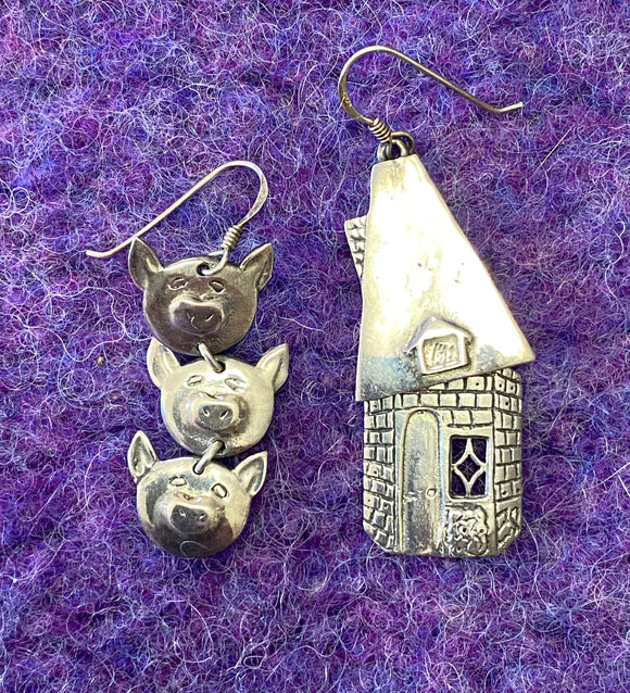 Vintage Three Little Pigs & Brick House Earrings- Marked Sterling, 1970's