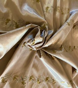 Antique Gold/ Dark Champagne Satin with Gold & Silver Floral Embroidery- 60" wide, sold by the yard