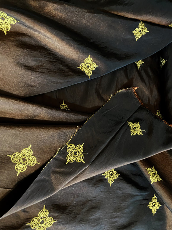 Dark Chocolate Brown Taffeta Fabric with Gold Embroidered Medallions-60