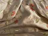 Muted Gold Taffeta with Embroidered Coral Flowers- 60" wide