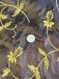 Chocolate Brown Taffeta Fabric w/ Embroidered Gold Twining Flowers