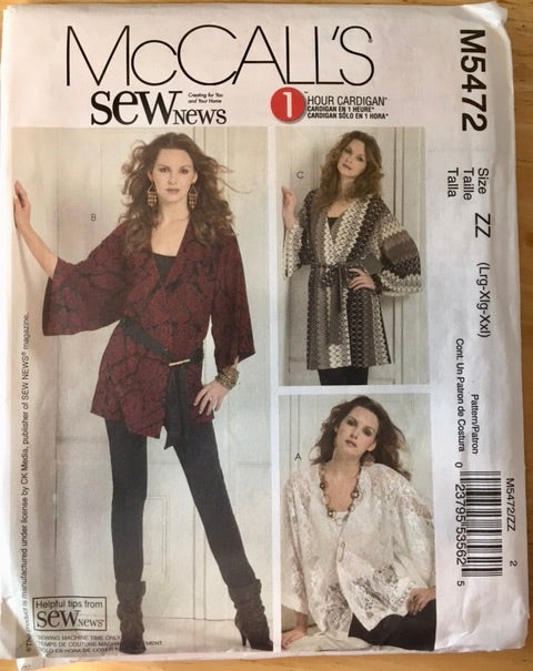 Sewing Pattern: Misses Cardigan in 3 lengths + Belt, McCall's 5472
