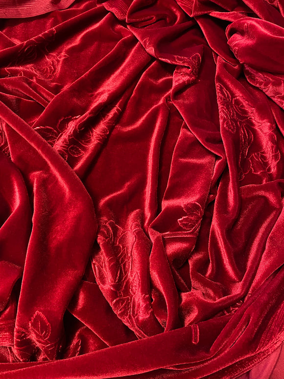 Embossed Roses on Scarlet Velvet Vintage Fabric: 1 piece- 56/58
