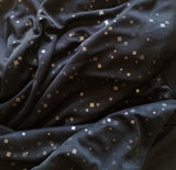 Sheer Fabric: Muted Black/Pewter Metallic Chiffon with random fused square sequins, 58" wide 3 yard piece Get Bold & Dramatic