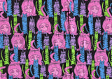 Fun Cats Fabric,  41" wide, sold by the  2 yard piece,  perfect for Veterinarian Scrubs adorable assorted cats in pink blue lavender and green on black