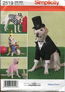 Large Dog Costume, Bunny, Clown, Prisoner and Formal Tux with Hat, Simplicity Pattern 2519