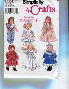 Vintage Simplicity Pattern 8692 for Historical Clothes for 18" Dolls