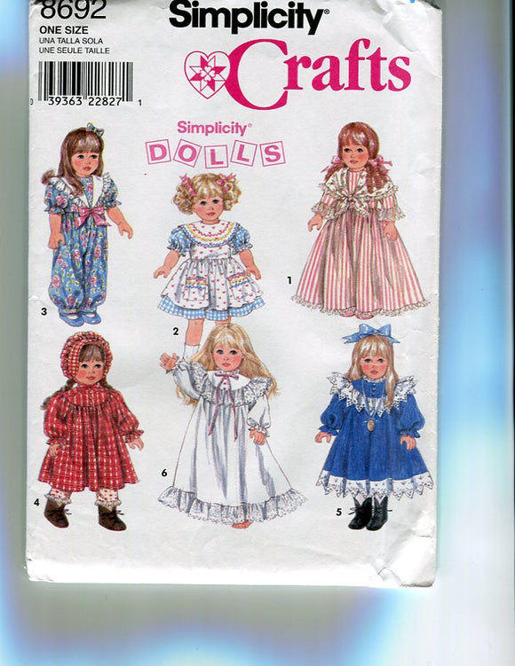 Vintage Simplicity Pattern 8692 for Historical Clothes for 18