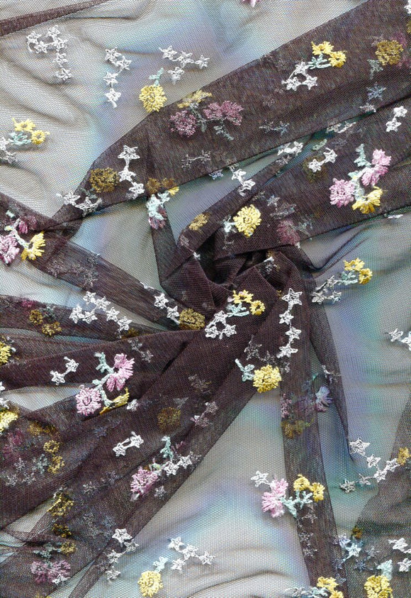 Embroidered Flowers on Fine Netting:  A single piece 1.25 yards long by 60