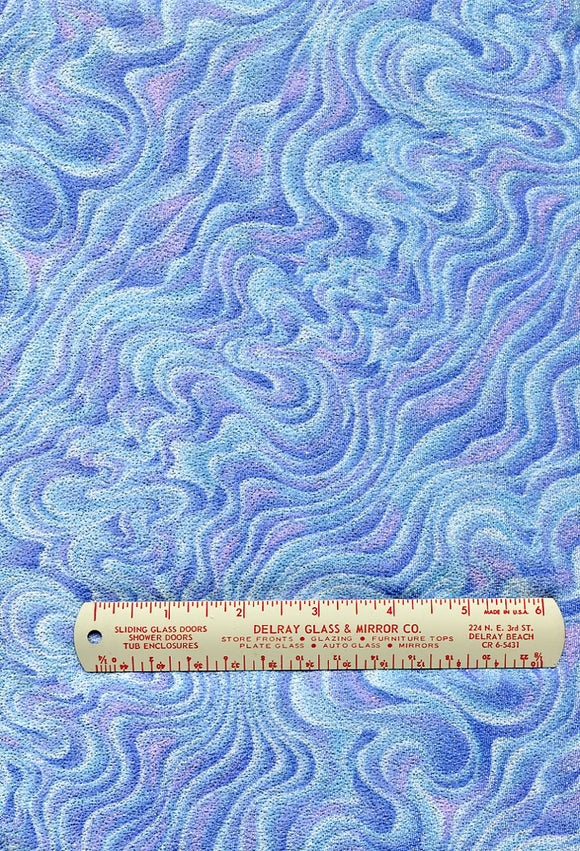 Swirl Print Glitter Dance Wear Fabric, Poly/Lycra Marbled blues with lavender and white. 58/60