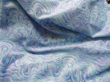 Swirl Print Glitter Dance Wear Fabric, Poly/Lycra Marbled blues with lavender and white. 58/60" wide by 1.75 yards long